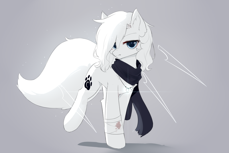 Size: 1500x1000 | Tagged: safe, artist:heddopen, derpibooru import, oc, oc:loulou, unofficial characters only, earth pony, pony, bandage, clothes, ear fluff, female, fluffy tail, gray background, injured, jewelry, looking at you, mare, necklace, pure white, scarf, short hair, simple background, solo