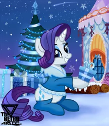 Size: 2400x2784 | Tagged: safe, artist:theretroart88, derpibooru import, rarity, pony, unicorn, carousel boutique, christmas, christmas tree, clothes, coat, cute, gift wrapped, holding a present, holiday, log, looking at you, present, raribetes, snow, snowfall, snowflake, socks, solo, tree, winter, winter outfit