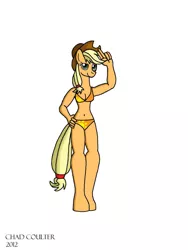 Size: 1451x1934 | Tagged: safe, artist:baroquewolfe, derpibooru import, applejack, anthro, unguligrade anthro, belly button, bikini, breasts, cleavage, clothes, hand on hip, looking at you, orange swimsuit, simple background, smiling at you, solo, swimsuit, tail, white background