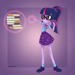 Size: 2000x2000 | Tagged: safe, artist:underratedhero, derpibooru import, sci-twi, twilight sparkle, equestria girls, book, clothes, commission, female, geode of telekinesis, glasses, magic, magical geodes, simple background, skirt, solo, telekinesis, that human sure does love books