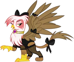 Size: 6000x5024 | Tagged: suggestive, artist:magister39, derpibooru import, oc, oc:regina grimfeathers, gryphon, fallout equestria, clothes, collar, concubine, female, head bow, lidded eyes, lingerie, quadrupedal, simple background, solo, transparent background