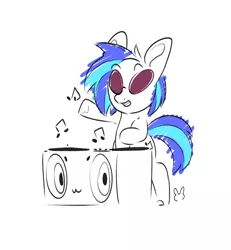 Size: 1200x1300 | Tagged: safe, artist:sugarelement, derpibooru import, vinyl scratch, pony, unicorn, 30 minute art challenge, :3, bipedal, female, mare, music notes, simple background, solo, speakers, sunglasses, trotcon, trotcon online, turntable, white background