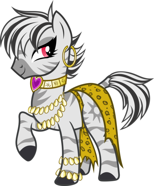 Size: 4948x6000 | Tagged: suggestive, artist:magister39, derpibooru import, oc, oc:xephyr, zebra, fallout equestria, bracelet, collar, concubine, ear piercing, earring, jewelry, lidded eyes, necklace, piercing, quadrupedal, raised hoof, simple background, smiling, solo, transparent background, zebra oc