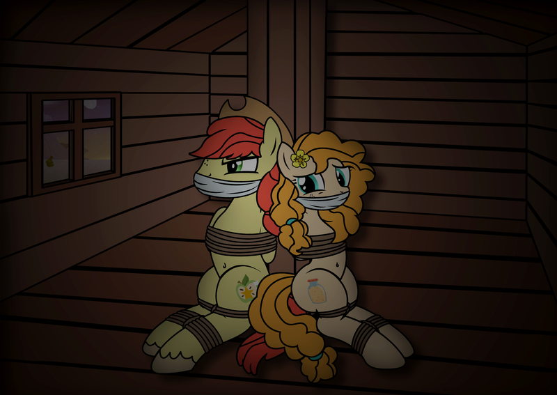 Size: 4384x3108 | Tagged: source needed, useless source url, safe, derpibooru import, bright mac, pear butter, earth pony, pony, angry, arm behind back, belly button, bondage, bound, bound and gagged, brightbutter, captured, cloth gag, conspiracy, female, gag, husband and wife, kidnapped, male, mare, night, rope, rope bondage, scared, shipping, stallion, straight, tied up