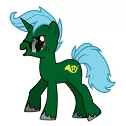 Size: 1800x1800 | Tagged: safe, artist:opus-13, derpibooru import, oc, oc:blue note, pony, unicorn, pony creator, blue mane, blue tail, freckles, french horn, french horn cutie mark, green pony, green unicorn, looking at you, male, musical instrument, side view, simple background, smiling, smiling at you, solo, stallion, sunglasses, white background