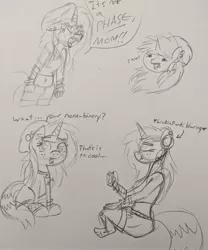 Size: 2918x3499 | Tagged: safe, artist:erenerakhard, derpibooru import, oc, oc:scene change, unofficial characters only, anthro, pony, unicorn, barefoot, beanie, belly button, collar, ear piercing, feet, female, freckles, hat, it's not a phase, linkin park, lip piercing, mare, monochrome, piercing, rawr, scene, solo, speech bubble, traditional art