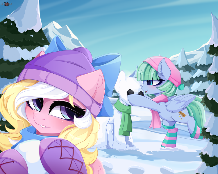 Size: 5000x4000 | Tagged: safe, artist:xsatanielx, derpibooru import, oc, oc:bay breeze, oc:silky strings, unofficial characters only, pegasus, pony, advertisement, bipedal, bow, clothes, commission, female, rcf community, scarf, snow, snowball, snowpony, socks, wings, winter hat, winter outfit, ych result