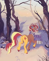 Size: 2906x3584 | Tagged: safe, artist:slowpoke, derpibooru import, sunset shimmer, pony, unicorn, butt, clothes, dawn, dock, female, fetlock tuft, forest, looking at you, looking back, looking back at you, mare, plot, raised hoof, raised leg, scarf, snow, solo, tree, unshorn fetlocks, walking, winter