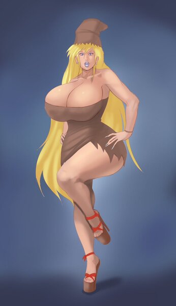 Size: 691x1199 | Tagged: suggestive, artist:annon, derpibooru import, derpy hooves, human, big breasts, bimbo, bimbo derpy, breasts, busty derpy hooves, cleavage, clothes, costume, ear piercing, female, high heels, huge breasts, humanized, image, impossibly large breasts, jpeg, lipstick, makeup, nightmare night costume, paper bag, paper bag wizard, piercing, shoes, solo