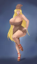 Size: 691x1199 | Tagged: suggestive, artist:annon, derpibooru import, derpy hooves, human, big breasts, bimbo, bimbo derpy, breasts, busty derpy hooves, cleavage, clothes, costume, ear piercing, female, high heels, huge breasts, humanized, image, impossibly large breasts, jpeg, lipstick, makeup, nightmare night costume, paper bag, paper bag wizard, piercing, shoes, solo