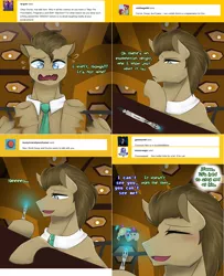 Size: 1502x1852 | Tagged: safe, artist:ask-braska-pony, derpibooru import, doctor whooves, time turner, oc, oc:neosurgeon, earth pony, pony, lovestruck derpy, doctor who, hologram, implied amethyst star, implied derpy, implied dinky, male, necktie, sonic screwdriver, stallion, tardis, tardis console room, tardis control room, the doctor