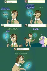 Size: 1602x2404 | Tagged: safe, artist:dapper-shiga, derpibooru import, dinky hooves, doctor whooves, time turner, oc, oc:neosurgeon, earth pony, pony, unicorn, lovestruck derpy, doctor who, female, filly, grounded, hologram, lecture, male, sonic screwdriver, stallion, tardis, the doctor