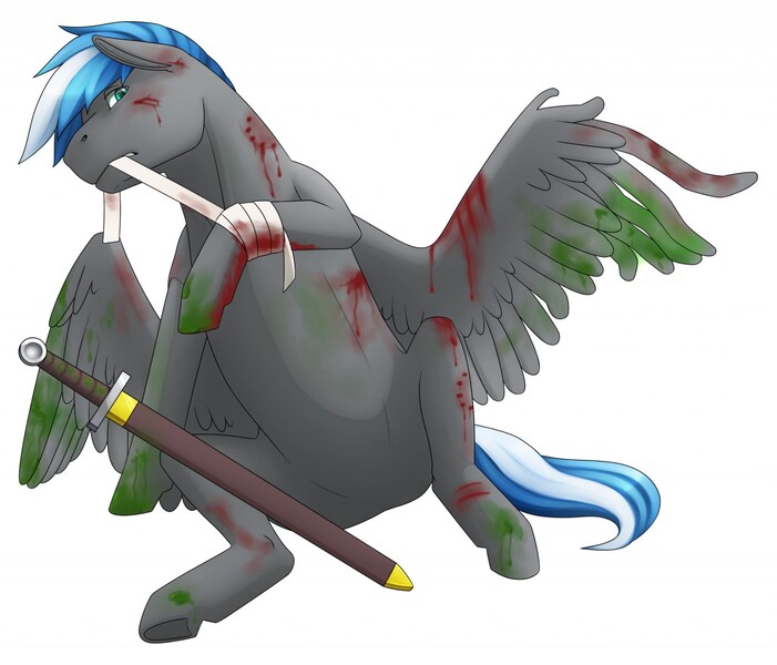 Size: 1280x1096 | Tagged: safe, artist:imreer, derpibooru import, oc, unofficial characters only, pegasus, pony, bandage, blood, injured, male, mouth hold, pegasus oc, simple background, sitting, solo, stallion, sword, weapon, white background, wings