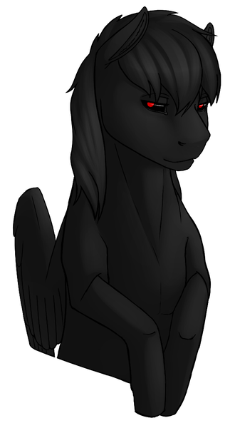 Size: 670x1220 | Tagged: safe, artist:imreer, derpibooru import, oc, oc:ebony, unofficial characters only, pegasus, pony, black sclera, bust, female, mare, pegasus oc, red pupils, simple background, smiling, solo, white background, wings