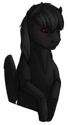Size: 670x1220 | Tagged: safe, artist:imreer, derpibooru import, oc, oc:ebony, unofficial characters only, pegasus, pony, black sclera, bust, female, mare, pegasus oc, red pupils, simple background, smiling, solo, white background, wings