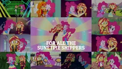 Size: 1984x1117 | Tagged: safe, derpibooru import, edit, edited screencap, editor:quoterific, screencap, pinkie pie, sci-twi, sunset shimmer, twilight sparkle, a fine line, eqg summertime shorts, equestria girls, equestria girls series, friendship through the ages, legend of everfree, mirror magic, sunset's backstage pass!, the art of friendship, unsolved selfie mysteries, spoiler:eqg series (season 2), spoiler:eqg specials, book, burger, clothes, cupcake, female, food, lesbian, shipping, sunsetpie, swimsuit