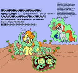 Size: 2000x1863 | Tagged: suggestive, artist:goomingtoll, artist:icey-wicey-1517, color edit, derpibooru import, edit, carrot top, golden harvest, oc, oc:emperor vines, oc:tippy toes, earth pony, pony, unicorn, bag, bloodshot eyes, carrot, clothes, colored, crying, dirt, erotic tickling, female, femsub, fetish, field, food, freckles, frog (hoof), front hoof tickling, gloves, glowing horn, grin, hoof fetish, hoof tickling, horn, laughing, magic, mare, microphone, necktie, smiling, socks, submissive, tears of laughter, tickle fetish, tickle torture, tickling, underhoof, vine