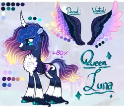 Size: 962x838 | Tagged: safe, artist:elementbases, artist:malinraf1615, artist:starburst987, derpibooru import, princess luna, alicorn, pony, alternate hairstyle, base used, chest fluff, curved horn, ear fluff, ethereal mane, female, horn, leg fluff, mare, markings, redesign, reference sheet, solo, starry mane, unshorn fetlocks