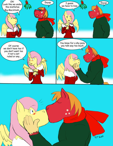 Size: 765x990 | Tagged: safe, artist:caseyljones, derpibooru import, big macintosh, fluttershy, anthro, earth pony, pegasus, 2011, blushing, comic, dialogue, female, fluttermac, image, jpeg, kissing, male, mistletoe, shipping, shy, speech bubble, straight