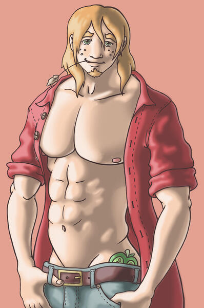 Size: 994x1500 | Tagged: suggestive, artist:misterkismet, derpibooru import, big macintosh, human, abs, bare chest, bedroom eyes, belly button, clothes, cutie mark on human, great macintosh, humanized, jeans, looking at you, male, male nipples, muscles, muscular male, open clothes, open shirt, pants, pecs, solo, solo male, straw in mouth, stupid sexy big macintosh