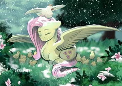 Size: 1600x1118 | Tagged: safe, artist:tillie-tmb, derpibooru import, fluttershy, bird, chicken, pegasus, pony, chest fluff, chick, cute, eyes closed, female, floppy ears, flower, grass, hen, kindness, lying down, mare, nature, outdoors, ponyloaf, prone, shyabetes, sitting on head, snow, snowfall, solo, spread wings, wing umbrella, wings
