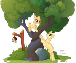 Size: 3190x2655 | Tagged: safe, artist:teepew, derpibooru import, oc, unofficial characters only, alicorn, pony, .psd available, alicorn oc, bald, base, duo, eyelashes, horn, intertwined trees, looking at each other, male, outdoors, signature, simple background, smiling, stallion, transparent background, tree, wings