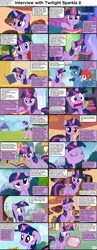 Size: 1282x3304 | Tagged: safe, derpibooru import, carrot top, golden harvest, lyra heartstrings, night light, twilight sparkle, twilight sparkle (alicorn), twilight velvet, alicorn, pony, unicorn, comic:celestia's servant interview, adorkable, book, camera, caption, cs captions, cute, determined, dork, female, frazzled hair, golden oaks library, grin, helmet, interview, library, looking at you, looking up, magic, male, mare, ponyville, smiling, stallion, twiabetes, twilight's castle
