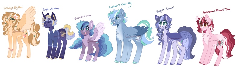 Size: 4790x1337 | Tagged: safe, artist:scarletskitty12, derpibooru import, oc, unofficial characters only, earth pony, pegasus, pony, unicorn, chest fluff, clothes, ear fluff, eyes closed, female, flower, flower in hair, freckles, magical lesbian spawn, male, mare, neck fluff, next generation, offspring, one eye closed, parent:apple bloom, parent:big macintosh, parent:clear sky, parent:diamond tiara, parent:fluttershy, parent:pinkie pie, parent:princess luna, parent:rainbow dash, parent:soarin', parent:star tracker, parent:twilight sparkle, parents:cleardash, parents:diamondbloom, parents:fluttermac, parents:lunapie, parents:soarlight, parents:twitracker, simple background, stallion, sweater, watermark, white background, wink