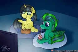 Size: 1920x1280 | Tagged: artist:spokenmind93, chips, cushion, cute, derpibooru import, drink, food, movie night, oc, oc:gale twister, oc:pauly sentry, safe, television