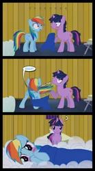 Size: 1280x2300 | Tagged: safe, artist:bigsnusnu, derpibooru import, rainbow dash, twilight sparkle, pegasus, pony, unicorn, comic:dusk shine in pursuit of happiness, baka, bed, blanket, cloud, dusk shine, female, male, mare, pillow, rule 63, stallion, tsunderainbow, tsundere