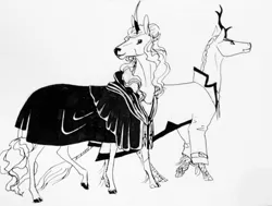 Size: 2570x1940 | Tagged: safe, artist:lady-limule, derpibooru import, oc, unofficial characters only, kirin, pony, unicorn, cloak, clothes, duo, horn, inktober, inktober 2019, kirin oc, monochrome, traditional art, unicorn oc