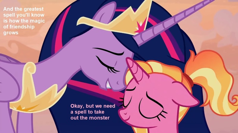 Size: 1280x720 | Tagged: safe, derpibooru import, edit, screencap, luster dawn, princess twilight 2.0, twilight sparkle, twilight sparkle (alicorn), alicorn, pony, unicorn, the last problem, eyes closed, older, older twilight