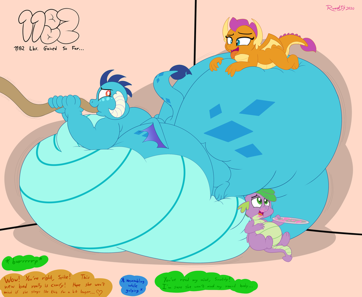 Size: 4222x3464 | Tagged: suggestive, artist:rupertbluefox, derpibooru import, princess ember, smolder, spike, dragon, series:how to gain your dragoness, belly, belly bed, belly button, big belly, burp, cake, chubby, cute, descriptive noise, dialogue, dragoness, dragonlard ember, drink, eyes closed, fat, fat ass, fat fetish, fat spike, feeding tube, female, fetish, food, force feeding, full mouth, gem, half-lidded eyes, hose, hug, huge belly, immobile, impossibly large belly, incentive drive, lying down, male, morbidly obese, mug, obese, prone, squishy cheeks, stomach growling, stomach noise, stuffing, tongue out, trio, weight gain, weight gain sequence, wide eyes, winged spike