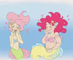 Size: 2200x1800 | Tagged: dead source, safe, artist:andressuperhell, derpibooru import, fluttershy, pinkie pie, anthro, human, mermaid, belly button, blushing, bra, breasts, cleavage, clothes, duo, eyes closed, female, grin, heart, humanized, mermaidized, midriff, plump, seashell bra, shell, smiling, species swap, underwear