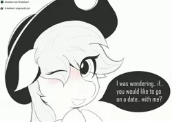 Size: 4232x3000 | Tagged: safe, artist:drawalaverr, derpibooru import, applejack, earth pony, pony, applejack's hat, black and white, blushing, bust, commission, cowboy hat, cute, eye clipping through hair, female, grayscale, hat, hooves together, jackabetes, looking at you, manga, mare, monochrome, one eye closed, portrait, simple background, sketch, smiling, solo, text, white background, wink, winking at you