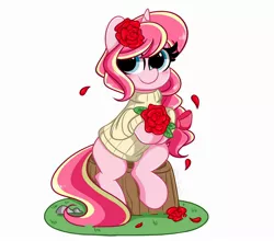 Size: 2500x2200 | Tagged: safe, artist:kittyrosie, derpibooru import, oc, oc:rosa flame, unofficial characters only, pony, unicorn, blushing, female, flower, flower in hair, mare, simple background, solo, weapon, white background