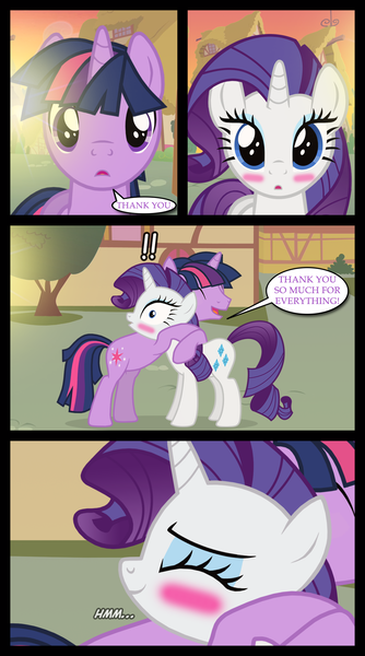 Size: 1280x2300 | Tagged: safe, artist:bigsnusnu, derpibooru import, rarity, twilight sparkle, comic:dusk shine in pursuit of happiness, blushing, dusk shine, female, half r63 shipping, happy, hug, lesbian, male, rarilight, rarishine, rule 63, shipping, straight, surprised