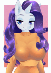 Size: 600x856 | Tagged: suggestive, artist:klaudy, derpibooru import, rarity, anthro, unicorn, absurd file size, adorasexy, animated, auction, big breasts, blinking, blue eyes, blushing, breasts, busty rarity, clothes, commission, cute, eyes closed, gif, lip bite, seductive, seductive look, sexy, smiling, smirk, solo, sweater, ych animation, ych example, your character here