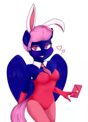 Size: 1528x2103 | Tagged: suggestive, artist:haruhi-il, derpibooru import, oc, oc:threadwing, anthro, pegasus, pony, blushing, breasts, bunny ears, bunny suit, busty boy, clothes, collar, crossdressing, evening gloves, eyelashes, eyeshadow, fake breasts, fake eyelashes, femboy, gloves, intersex, leggings, leotard, letter, lipstick, long gloves, makeup, male, mascara, pegasus oc, socks, stallion, stockings, thigh highs, trap, wings