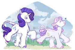 Size: 900x600 | Tagged: safe, artist:iouise, derpibooru import, rarity, sweetie belle, butterfly, classical unicorn, insect, pony, unicorn, alternate cutie mark, cloven hooves, duo, female, filly, leonine tail, mare, siblings, simple background, sisters, transparent background, unshorn fetlocks