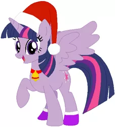 Size: 426x470 | Tagged: safe, artist:selenaede, artist:user15432, derpibooru import, twilight sparkle, twilight sparkle (alicorn), alicorn, pony, base used, bell, christmas, christmas outfit, clothes, hat, holiday, looking at you, purple socks, raised hoof, red hat, santa hat, simple background, socks, vector, white background