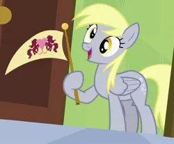 Size: 1305x1080 | Tagged: safe, derpibooru import, screencap, derpy hooves, pegasus, pony, rainbow falls, cropped, cute, female, flag, food, happy, holding a flag, mare, muffin, open mouth, solo