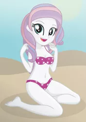 Size: 1417x2000 | Tagged: suggestive, artist:grapefruitface1, derpibooru import, potion nova, equestria girls, my little pony: pony life, barefoot, base used, beach, belly button, bikini, breasts, clothes, cute, equestria girls-ified, feet, g4.5 to equestria girls, happy, kneeling, novabetes, solo, swimsuit, trace