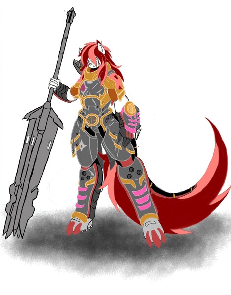 Size: 2066x2638 | Tagged: safe, artist:kurogetsuouji, derpibooru import, oc, oc:beast, oc:oath breaker, unofficial characters only, anthro, anthro oc, armor, mace, male, power armor, powered exoskeleton, scar, simple background, weapon, white background