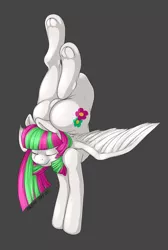 Size: 2541x3780 | Tagged: suggestive, artist:pepperoach, derpibooru import, blossomforth, pegasus, pony, backbend, blossombutt, butt, commission, eyes closed, featureless crotch, female, flexible, frog (hoof), gray background, handstand, hooves, plot, simple background, smiling, solo, spread wings, underhoof, upside down, wings