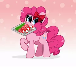 Size: 2500x2200 | Tagged: safe, artist:kittyrosie, derpibooru import, pinkie pie, earth pony, blushing, bow, candy, candy cane, christmas cookies, cookie, food, hair bow, mouth hold, ribbon, solo