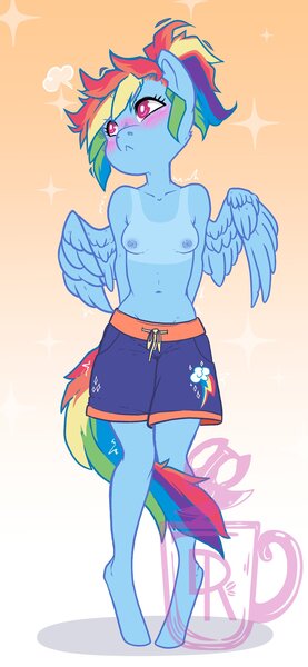 Size: 1290x2792 | Tagged: questionable, artist:bb_darkroast, derpibooru import, rainbow dash, anthro, unguligrade anthro, belly button, breasts, casual nudity, clothes, delicious flat chest, embarrassed, female, image, jpeg, looking away, male swimwear challenge, nipples, nudity, partial nudity, ponytail, rainbow flat, small breasts, solo, solo female, swimming trunks, tan lines, topless, watermark