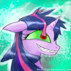 Size: 1000x1000 | Tagged: safe, artist:marky1212, artist:mrdragondeathclaw, derpibooru import, twilight sparkle, pony, unicorn, colored sclera, corrupted, corrupted twilight sparkle, crazy face, dark magic, dark twilight sparkle, evil grin, faic, green background, green sclera, grin, horn, magic, possessed, possession, sharp teeth, simple background, smiling, solo, sombra eyes, teeth, twilight snapple, unicorn twilight