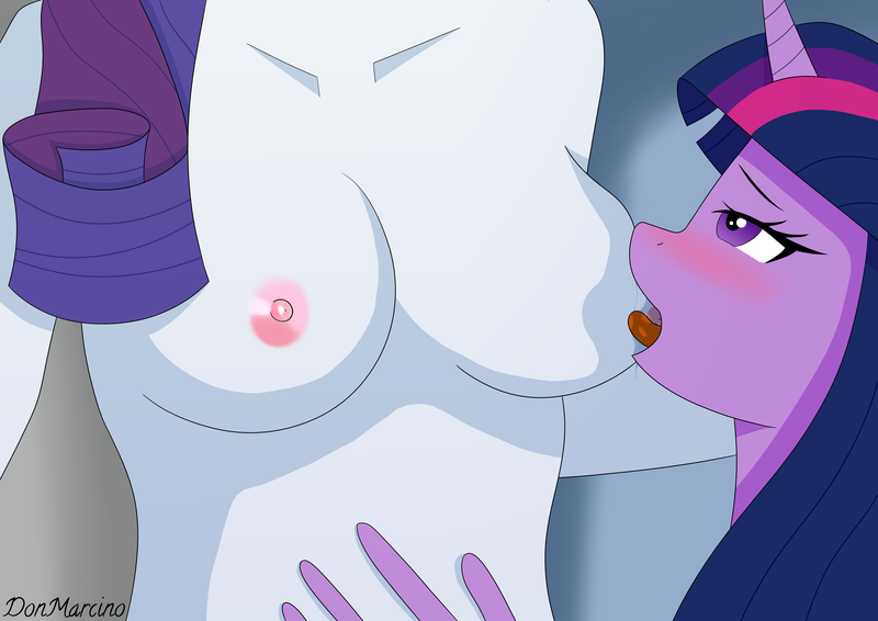 Size: 7016x4961 | Tagged: questionable, artist:donmarcino, derpibooru import, rarity, twilight sparkle, anthro, blushing, breasts, duo, female, horn, licking, lidded eyes, nipple licking, nipple sex, nipple stimulation, nipples, nudity, open mouth, simple background, tongue out, watermark