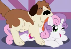 Size: 1024x705 | Tagged: safe, artist:pandalove93, derpibooru import, sweetie belle, dog, pony, unicorn, animal, cute, diasweetes, female, filly, licking, misleading thumbnail, one eye closed, open mouth, puppy, tongue out